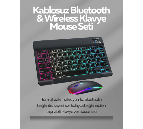 Tüm Cihazlarla Uyumlu RGB Işıklı Kablosuz Klavye ve Mouse Seti
