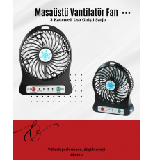 USB Girişli Taşınabilir Masaüstü Mini Fan – 3 Kademeli Hız, Şarjlı, Işıklı, Sessiz Çalışma