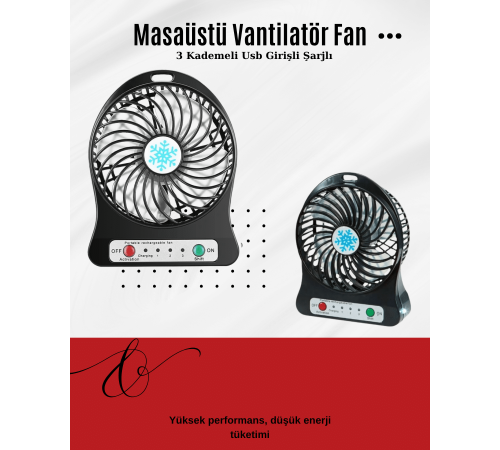 USB Girişli Taşınabilir Masaüstü Mini Fan – 3 Kademeli Hız, Şarjlı, Işıklı, Sessiz Çalışma