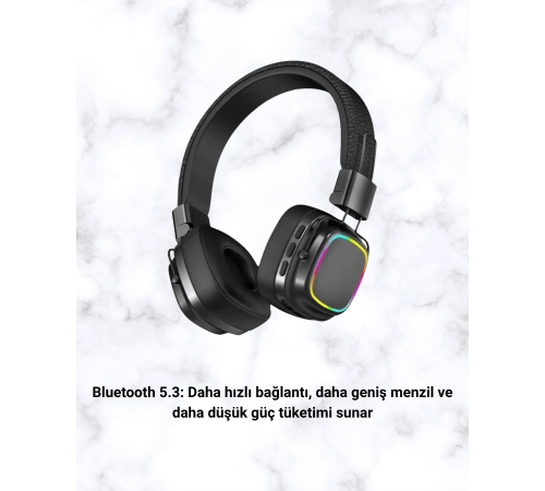 Bluetooth 5.3 Rainbow Işıklı Kulak Üstü Kablosuz Kulaklık