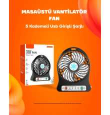Mini Vantilatör Masaüstü – USB Girişli, Şarjlı, 3 Kademe, Sessiz Motor, Işıklı