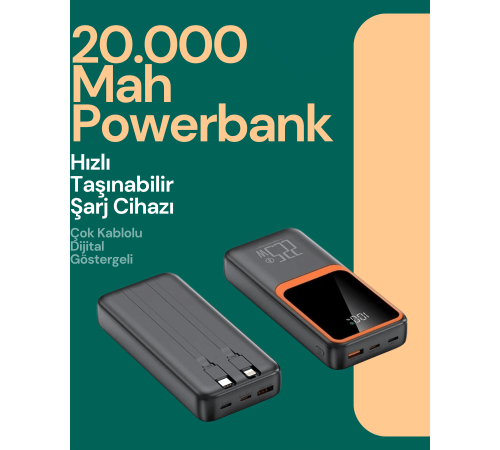 Taşınabilir Şarj Cihazı 20000 mAh | 22.5W Hızlı Şarj + Dijital Ekran + Kablo Dahil