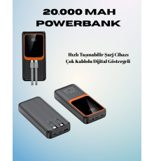 20000 mAh Powerbank | Çok Kablolu, Dijital Göstergeli, Yüksek Hızlı Şarj Cihazı