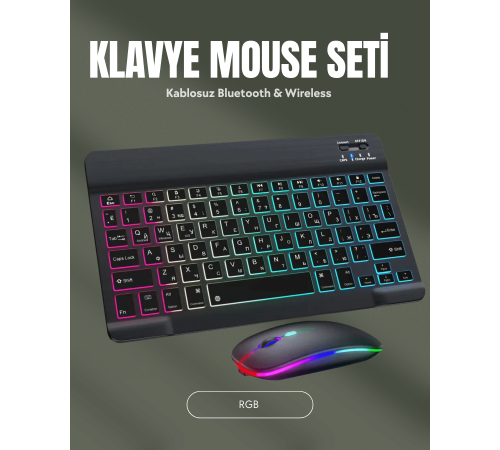 RGB Aydınlatmalı Şarjlı Kablosuz Klavye ve Mouse Seti – Modern ve Kompakt Tasarım