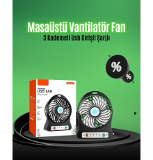 Mini USB Fan – Şarj Edilebilir, Işıklı, 3 Kademe, Taşınabilir Masaüstü Vantilatör