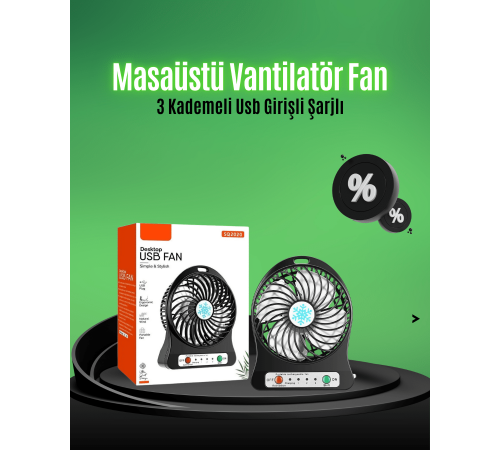 Mini USB Fan – Şarj Edilebilir, Işıklı, 3 Kademe, Taşınabilir Masaüstü Vantilatör