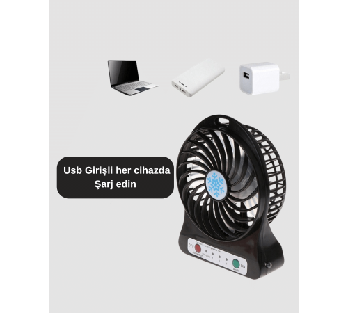 Mini Vantilatör Masaüstü – USB Girişli, Şarjlı, 3 Kademe, Sessiz Motor, Işıklı