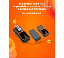 Powerbank 20000 mAh | 22.5W Hızlı Şarj, Dahili Kablolu, LCD Ekranlı Şarj Cihazı