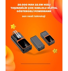 Powerbank 20000 mAh | 22.5W Hızlı Şarj, Dahili Kablolu, LCD Ekranlı Şarj Cihazı
