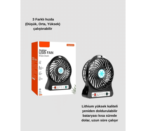Mini Vantilatör Masaüstü – USB Girişli, Şarjlı, 3 Kademe, Sessiz Motor, Işıklı