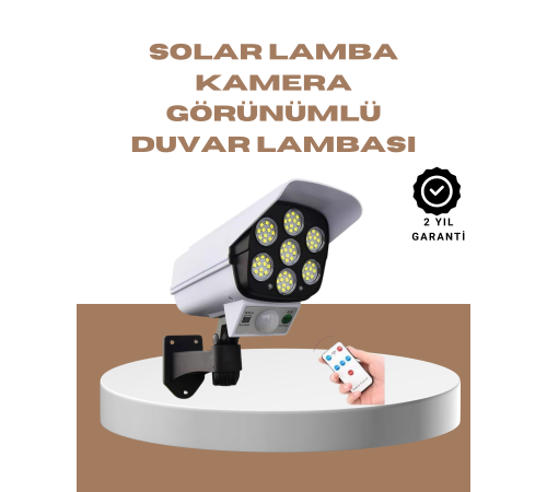 Güneş Enerjili LED Lamba + Güvenlik Kamerası Görünümlü– 5-8 m Hareket Algılamalı, Beyaz Işık