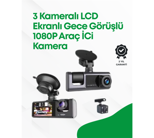 2.0” LCD Ekranlı, Döngüsel Kayıt Özellikli Üç Kameralı Oto Kamera