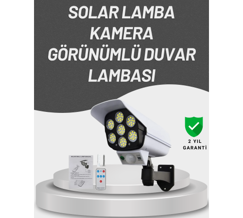 77 LED'li Güneş Enerjili Güvenlik Lambası ve Kukla Kamera – Hareket Sensörlü, 2400mAh Pilli