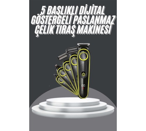 5 Başlıklı Şarjlı Tıraş Makinesi Led Ekran Saç Sakal Ense Tıraşına Uygun Bakım Seti