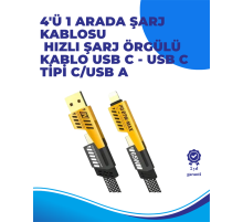 65W 4'ü 1 Arada Çoklu Şarj Kablosu – USB-C, USB-A, Lightning, Veri ve Şarj Desteği