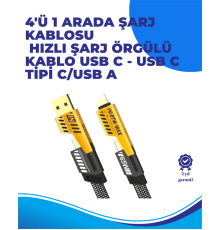 65W 4'ü 1 Arada Çoklu Şarj Kablosu – USB-C, USB-A, Lightning, Veri ve Şarj Desteği