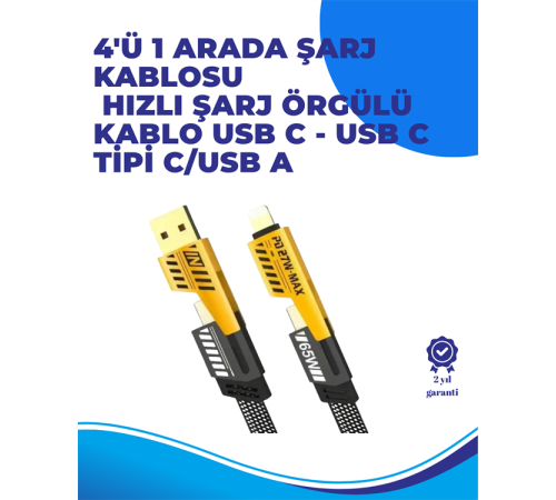 65W 4'ü 1 Arada Çoklu Şarj Kablosu – USB-C, USB-A, Lightning, Veri ve Şarj Desteği 65W 4'ü 1 Arada Çoklu Şarj Kablosu – USB-C, USB-A, Lightning, Veri ve Şarj Desteği