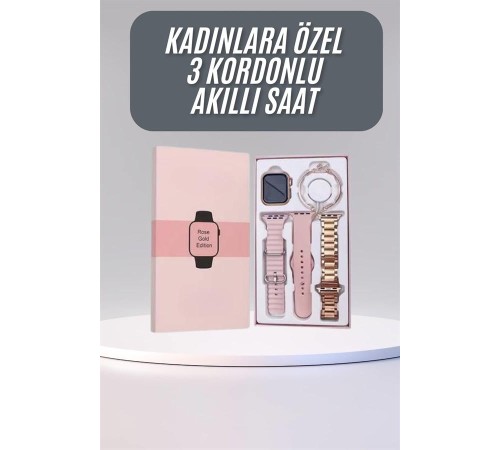 Akıllı Saat 3 Kordonlu Ve Aksesuarlı Bayanlar Için Şık Rose renk