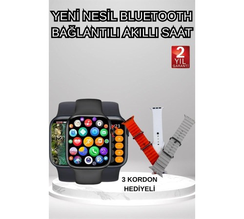 Akıllı Saat Arama Görüşme Bildirim Görme Uyku ve Sağlık Takibi Nabız Ölçer 3 Kordon Hediyeli