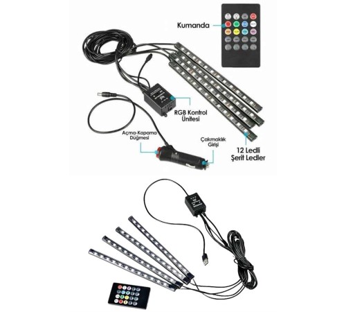 Araç İçi Ayak Altı Led 12 Led Işık Sese Müziğe Duyarlı RGB Işıklı Aydınlatma Seti