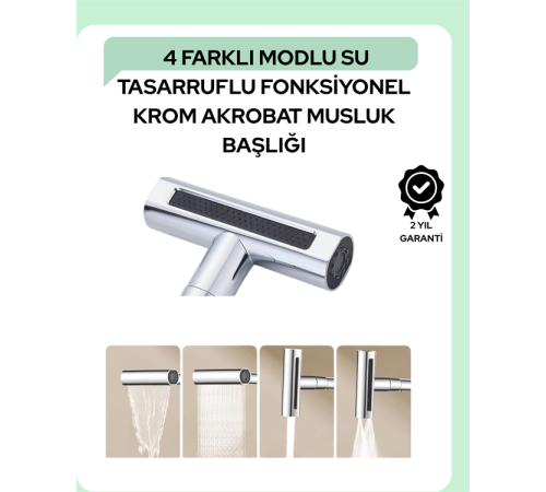 Çok Fonksiyonlu Musluk Başlığı | 4 Su Modu | Geniş Uyumlu Adaptör Seti | Mutfak ve Banyo Uyumlu