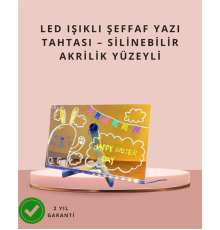 LED Işıklı Şeffaf Yazı Tahtası – Neon Etkili Akrilik Pano, Silinebilir, 7 Renkli Kalemli, 30x20 cm