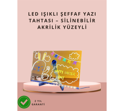 LED Işıklı Şeffaf Yazı Tahtası – Neon Etkili Akrilik Pano, Silinebilir, 7 Renkli Kalemli, 30x20 cm
