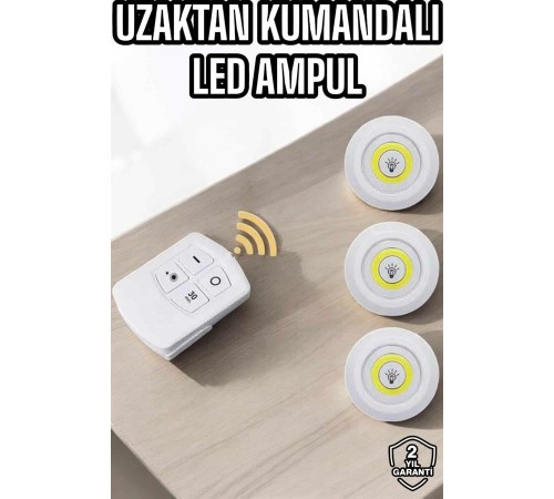 Led Lamba 3'lü Uzaktan Kumandalı Yapışkanlı Beyaz Işık