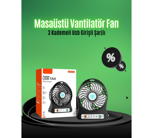 Mini USB Fan – Şarj Edilebilir, Işıklı, 3 Kademe, Taşınabilir Masaüstü Vantilatör