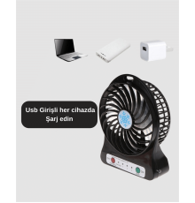 Mini Vantilatör Masaüstü – USB Girişli, Şarjlı, 3 Kademe, Sessiz Motor, Işıklı