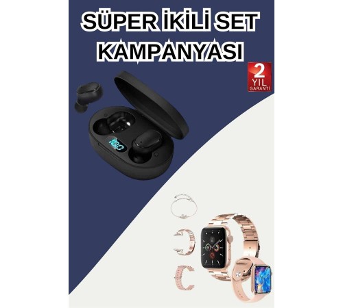 Nabız Ölçer Hediye Bileklikli Akıllı Saat ve Dijital Göstergeli Bluetooth Kulaklık Çoklu Şarj Girişi