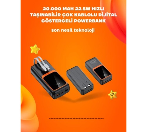 Powerbank 20000 mAh | 22.5W Hızlı Şarj, Dahili Kablolu, LCD Ekranlı Şarj Cihazı Powerbank 20000 mAh | 22.5W Hızlı Şarj, Dahili Kablolu, LCD Ekranlı Şarj Cihazı