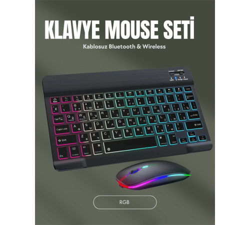 RGB Aydınlatmalı Şarjlı Kablosuz Klavye ve Mouse Seti – Modern ve Kompakt Tasarım