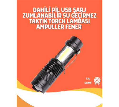 Şarjlı LED El Feneri - 14500 Pil Dahil, 4 Işık Modu, Mini Boy