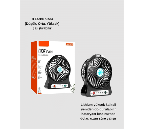 Şarjlı USB Fan – Masaüstü Mini Vantilatör, Taşınabilir, Işıklı, 3 Kademeli, Sessiz