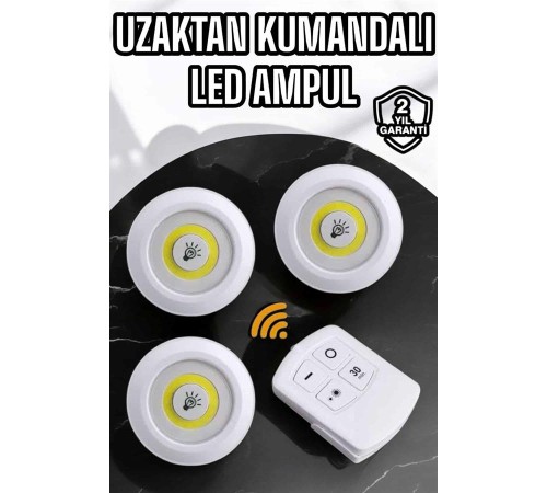 Spot Lamba Led Işık 3'lü Uzaktan Kumandalı Pilli Yapışkanlı Kablosuz