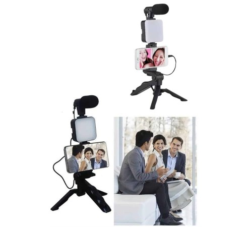 Telefon Tutucu Led Işıklı Kumandalı Mikrofon Telefon Vlog Video Kayıt