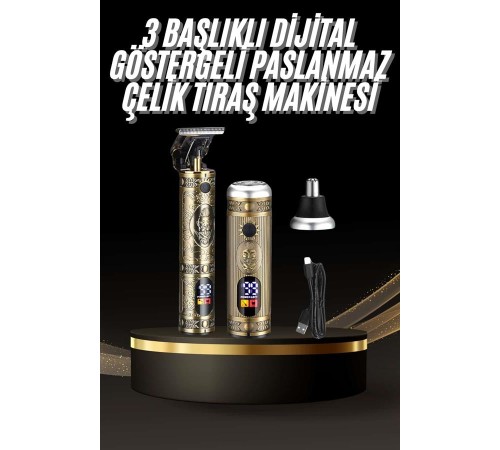 Tıraş Makinesi Pro 3 Başlıklı Dijital Göstergeli Saç Sakal Kulak ve Burun