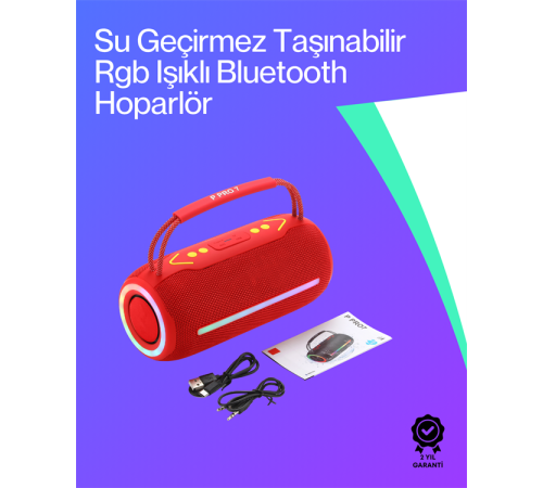 360 RGB LED'li Taşınabilir Bluetooth Hoparlör – Kırmızı, USB/TF Destekli