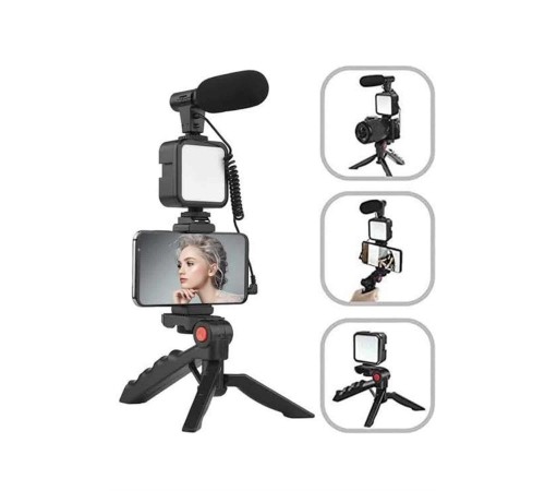 Tripod Telefon Tutucu Kumandalı Mikrofon Led Işık Vlog Video Kayıt