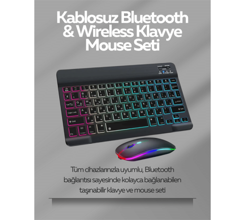 Tüm Cihazlarla Uyumlu RGB Işıklı Kablosuz Klavye ve Mouse Seti