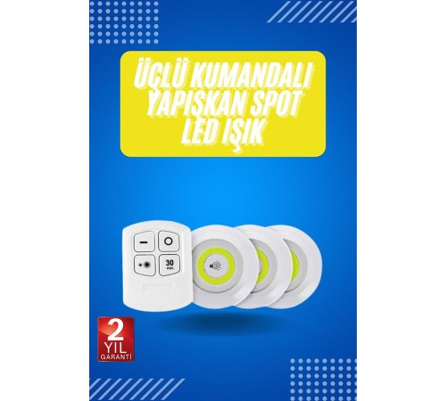 Yapışkanlı 3'lü Spot Led Işık Lamba Montajsız Pilli Uzaktan Kumandalı