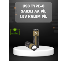 USB Type-C Girişli Şarjlı AA Lityum Pil | 1.5V Sabit Çıkış | 3200mWh (2'li Paket)