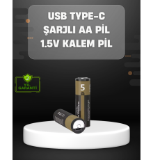 USB Type-C Girişli Şarjlı AA Lityum Pil | 1.5V Sabit Çıkış | 3200mWh (2'li Paket)