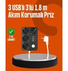 Akım Korumalı 3 USB Portlu 4’lü Priz 4.1A Hızlı Şarj