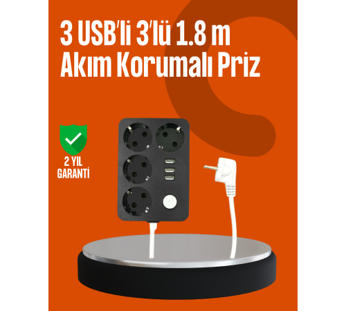 Akım Korumalı 3 USB Portlu 4’lü Priz 4.1A Hızlı Şarj