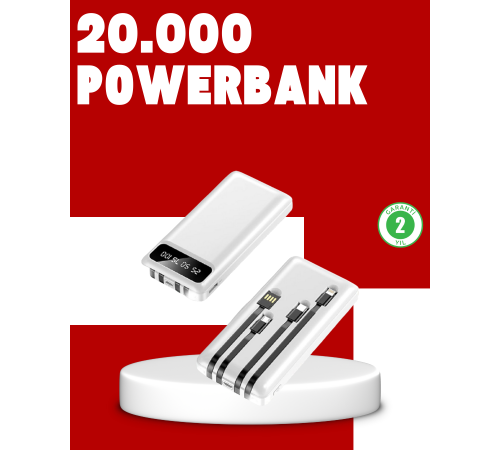 20.000mAh PD Powerbank LED Işık LCD Ekran Dahili Kablo Çoklu Giriş