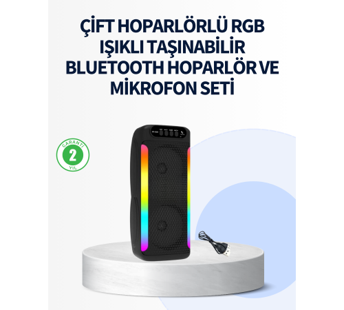 RGB Işıklı Çift Hoparlörlü Taşınabilir Bluetooth Speaker ve Mikrofon RGB Işıklı Çift Hoparlörlü Taşınabilir Bluetooth Speaker ve Mikrofon