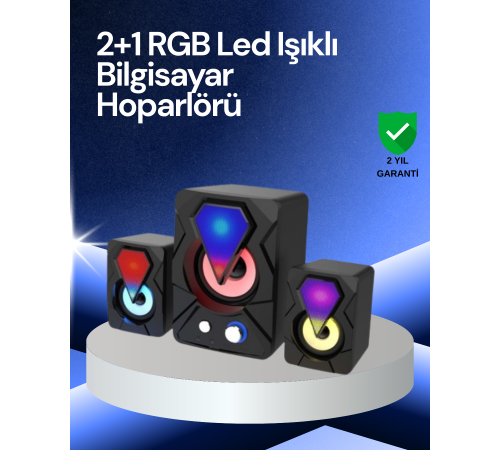 RGB LED Işıklı 2.1 USB Oyun Hoparlörü Derin Bas ve Net Ses