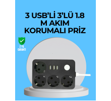 3 USB Çıkışlı 4’lü Akıllı Priz 2500W 2 Metre Kablo